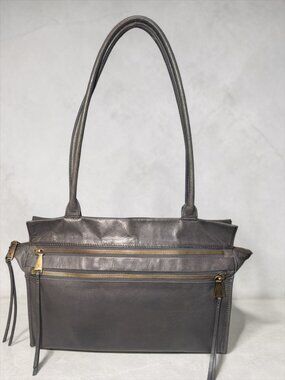 HOBO Seeker Shoulder Bag Slate Gray Polished Leather Brass Double Handle Satchel